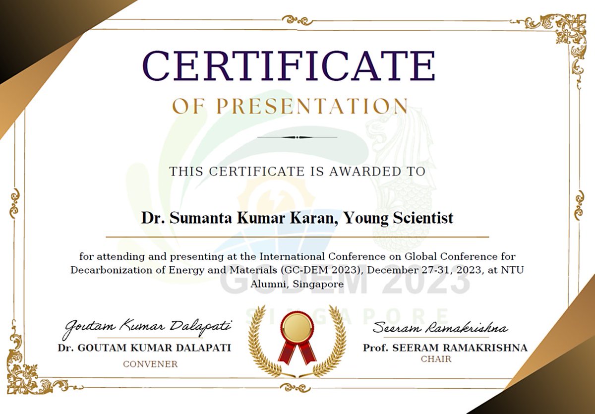 karan_sumanta's tweet photo. 🏆 Awarded "Young Scientist Award" at GCDEM 2023 (https://t.co/ib3GemtHqp), Singapore! #Invitation. Recognition of research #EnergyHarvestingDevicesandSensors. Thanks to the organising commetiee, supervisors, colleagues, funding organization and scientific community https://t.co/3zPiHC3j9O