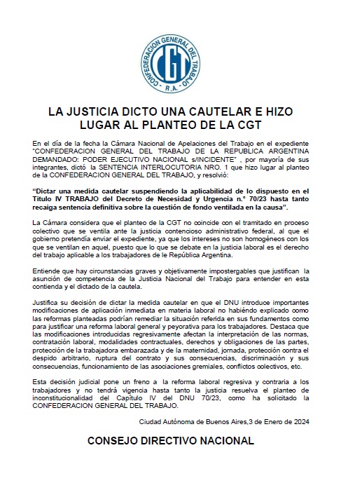 Es muy importante esta cautelar que suspende la reforma laboral incluida en el DNU 70/23.
 
El DNU es inconstitucional y regresivo en materia de derechos humanos. No puede estar vigente hasta que el Congreso y el Poder Judicial tomen una decisión definitiva.