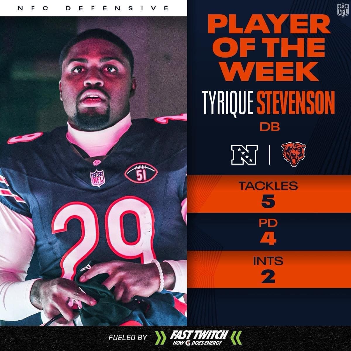 Congratulations to Tyrique Stevenson on being named @NFL Player of the Week! #RidgePride