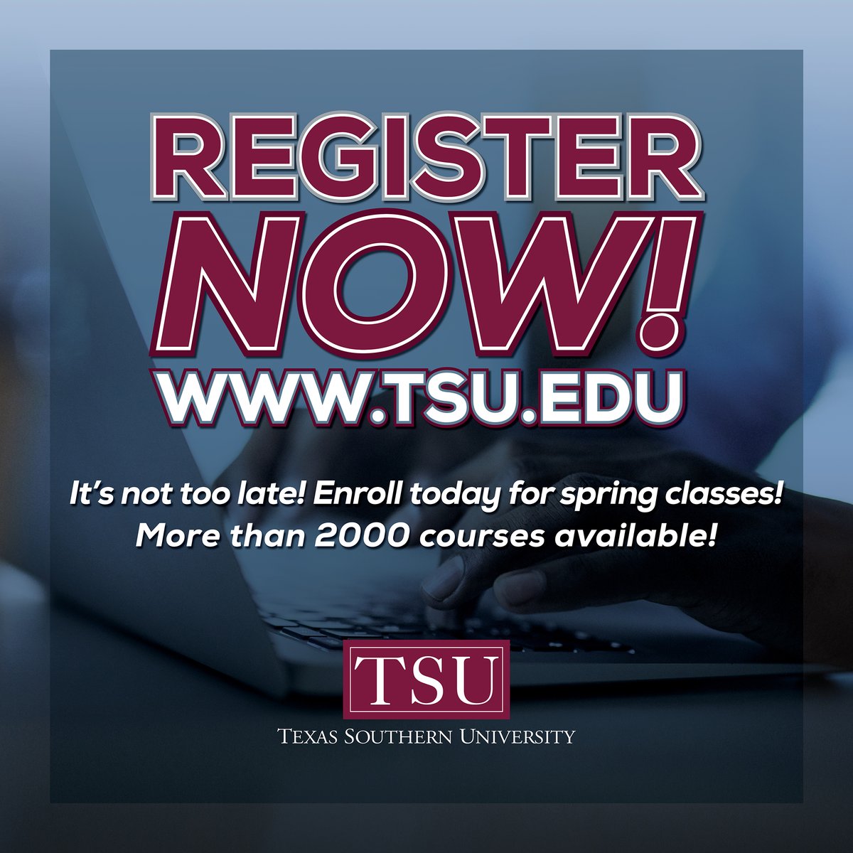 Tigers, you still have time to register for spring classes! It's not too late! Remember 15x8=Graduate. Make sure you're enrolled in at least 15 credit hours. Make a plan NOW to graduate in 4 years. #TSUProud #TSU #TexasSouthern