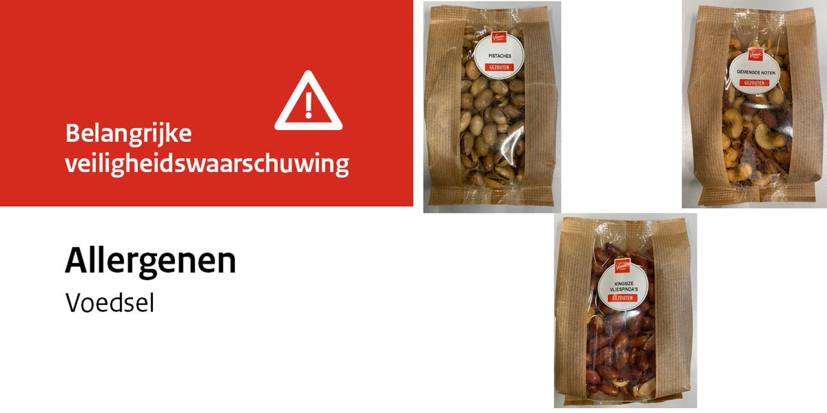 Veiligheidswaarschuwing #notenallergie #pindaallergie Op de producten pistaches gezouten, gemengde noten gezouten en  vliespinda’s zout van Vomar zit mogelijk een verkeerd etiket. Daardoor worden de allergenen noten en pinda’s niet duidelijk benoemd.