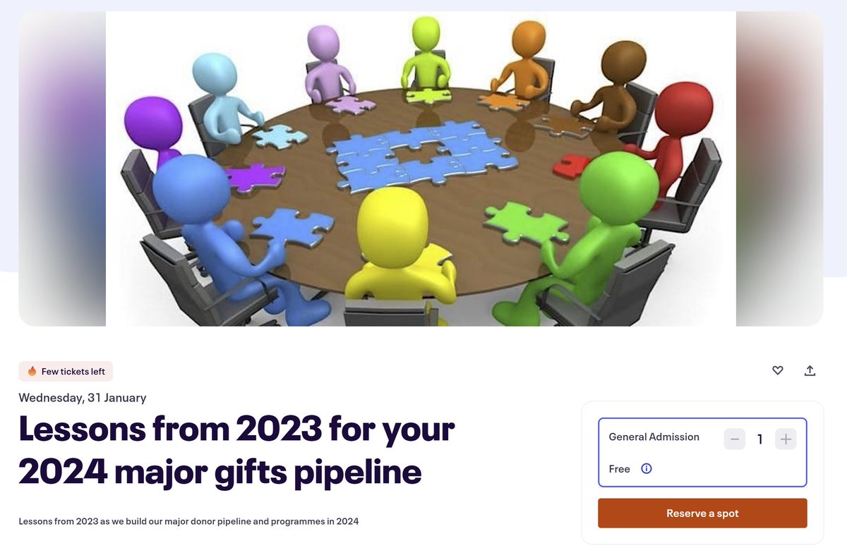 Join our free webinar Wednesday, 31st January! Kerry Rock will share insights from the fundraising landscape of 2023 for building your 2024 prospect pipeline. We're down to the last few spots, so book now to make sure you don't miss out. eventbrite.co.uk/e/lessons-from…