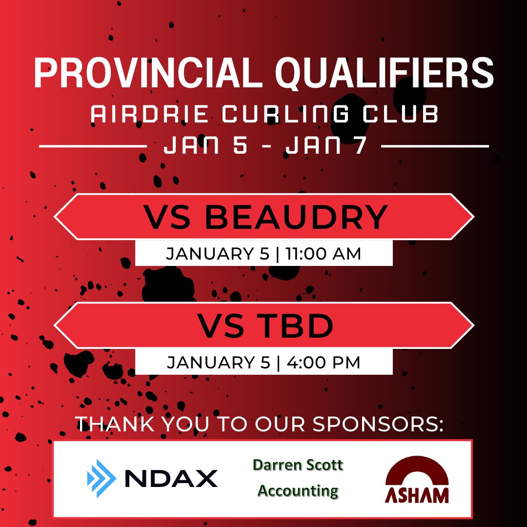 team_mcnamee's tweet photo. This tournament is a double knockout with our first two games on Fri, Jan 5.

You can follow the scores on Curling Alberta's website all weekend long!

Thank you to our sponsors for their support this season!
@AshamCurling 
#teamasham
@ndaxio
Darren Scott Accounting https://t.co/7mp0TtVdO4