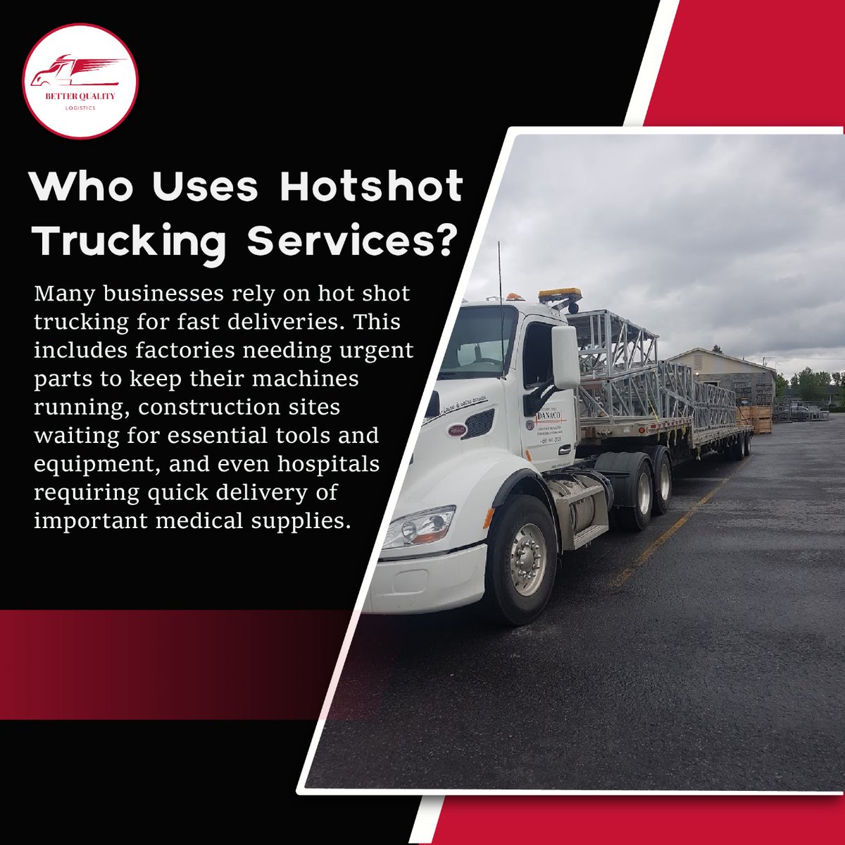 🚚🌐 When it comes to Hotshot Trucking, Better Quality Logistics has your back! 🌟

✅ Construction companies
✅ Oil and gas industry
✅ Agriculture and farming
✅ Manufacturing sector

#HotshotTrucking #LogisticsExcellence #BetterQualityLogistics #FastShipping #ChooseBQL