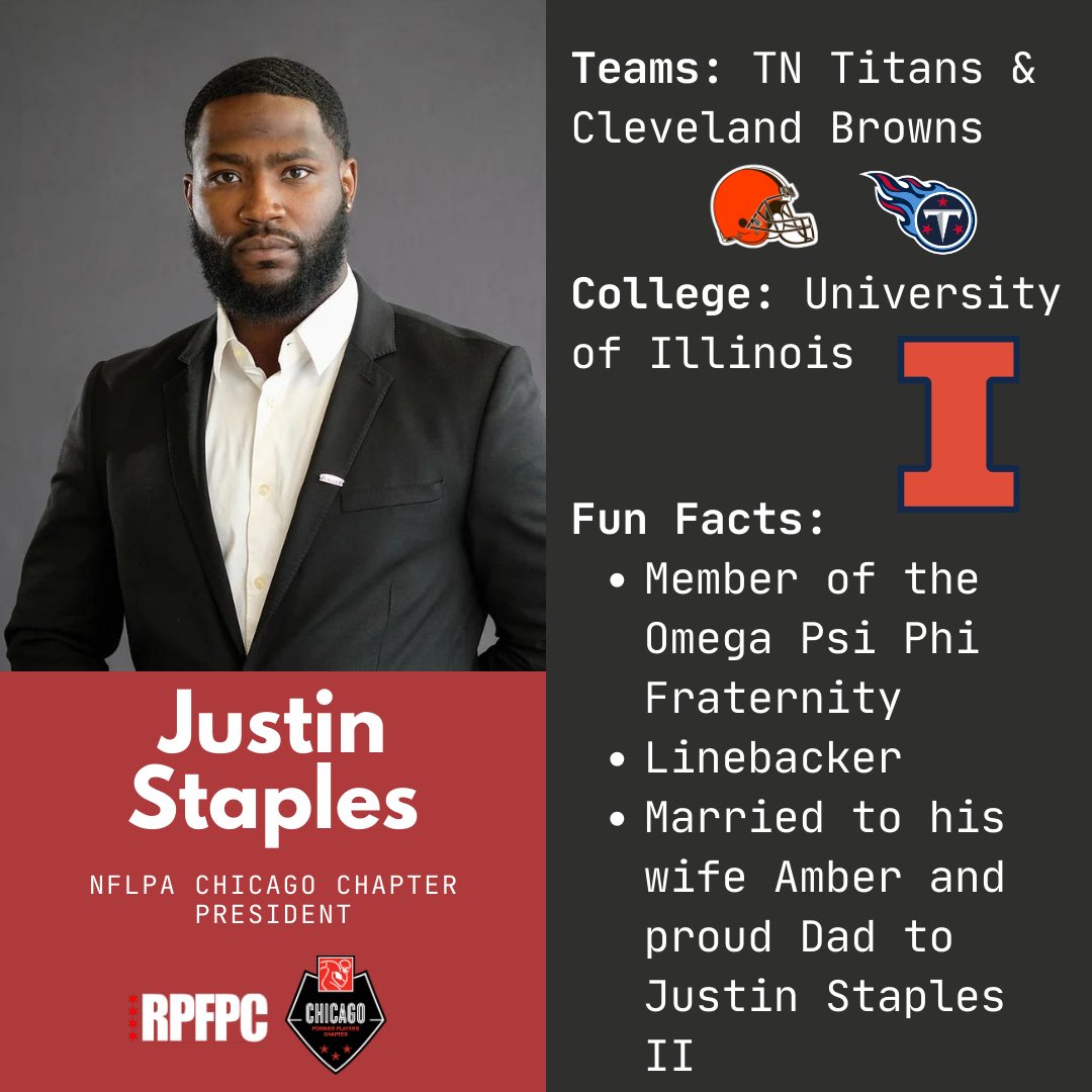 ChicagoRPFPC's tweet image. New Year…Same us! As 2024 begins we want to continue to shine light on our team members that make the magic happen.   Get to know Chapter President, Justin Staples. We are very excited to see where his leadership takes us!

#Brotherhood #RPFPC #Chicago #NFLPA #ChicagoFamily
