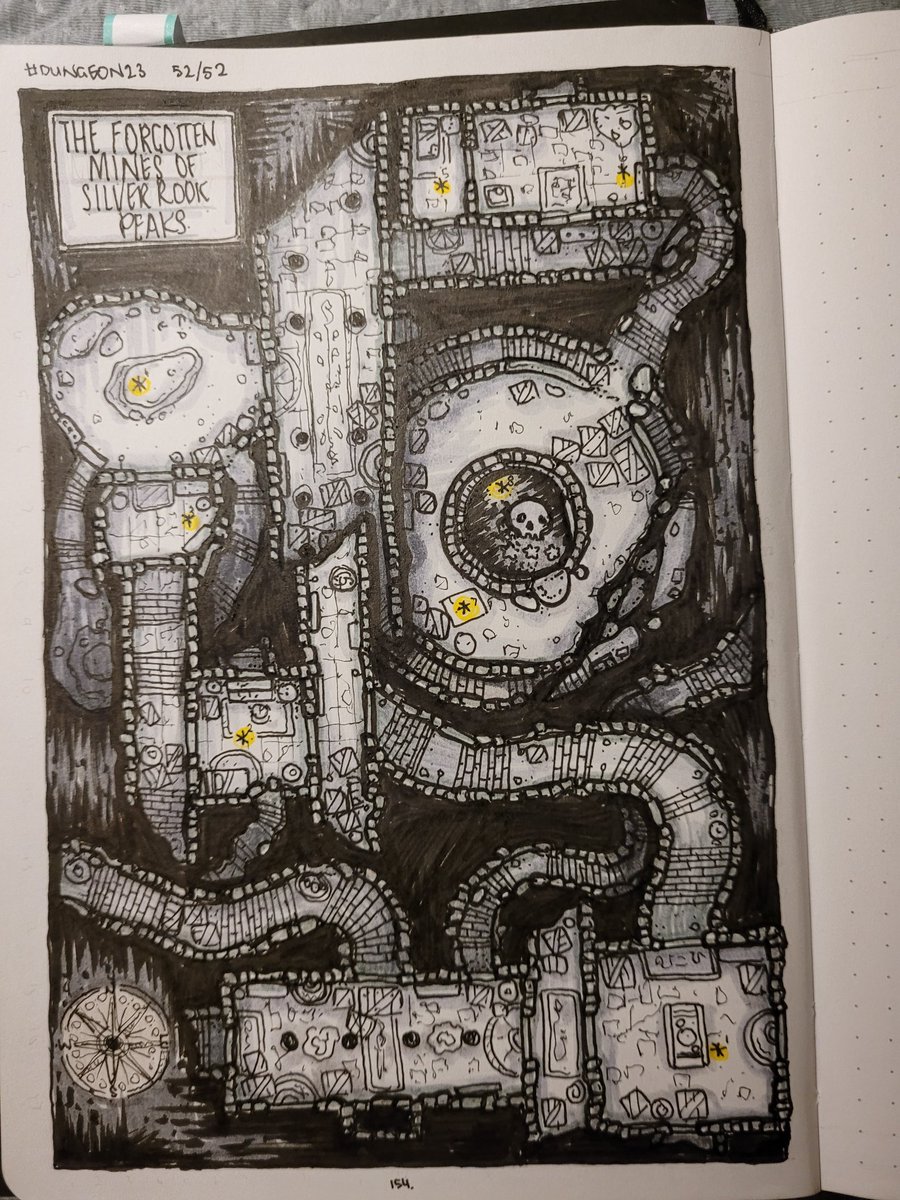 Amelyth's tweet image. Goodbye #dungeon23 ,  Hello #dungeon24 !

The start of the year is always a little rough, loss of loved ones on my mind. 

So, I have been keeping it as simple as I can.  Here is my last map for 23 and my RM sheet for 24 so far. .