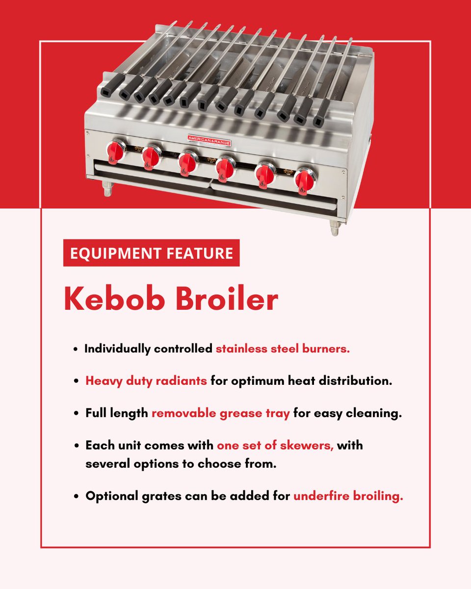 AmericanRangeUS's tweet photo. Master your culinary craft with the American Range Kebob Broiler! 🔥💪 American-made stainless steel burners and removable skewers bring unmatched versatility to your kitchen. Add grates for dual broiling—perfect for cooking kebobs and larger cuts simultaneously. https://t.co/2VHRTgJFlg