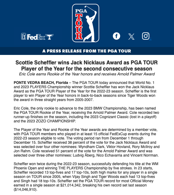 PGATourComms's tweet photo. PRESS RELEASE: Scottie Scheffler wins Jack Nicklaus Award as PGA TOUR Player of the Year for the second consecutive season; Eric Cole earns Rookie of the Year honors and receives Arnold Palmer Award https://t.co/8He6reaJiv