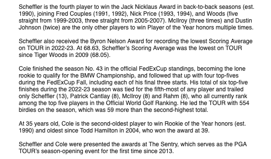 PGATourComms's tweet photo. PRESS RELEASE: Scottie Scheffler wins Jack Nicklaus Award as PGA TOUR Player of the Year for the second consecutive season; Eric Cole earns Rookie of the Year honors and receives Arnold Palmer Award https://t.co/8He6reaJiv