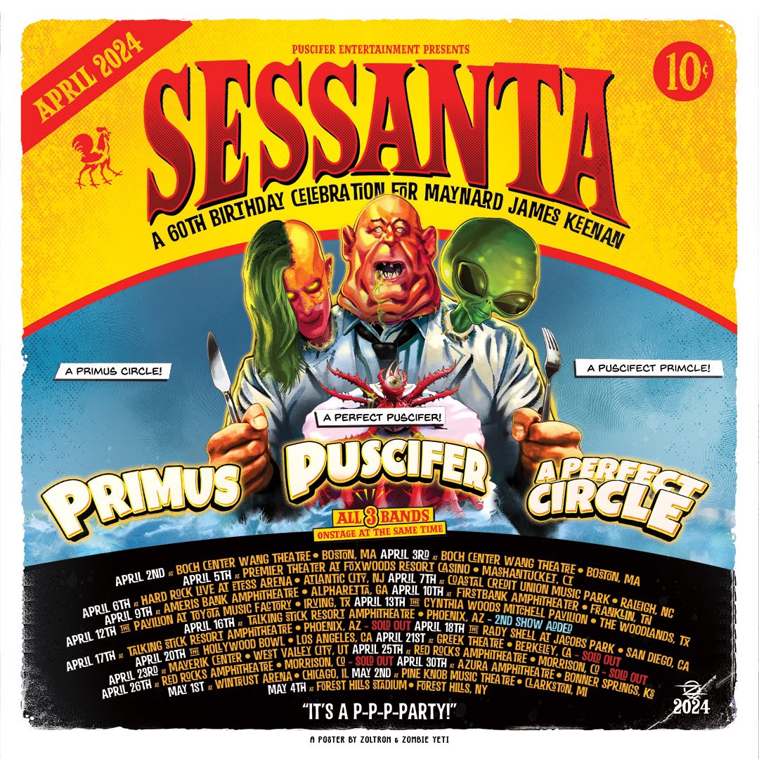 This spring, come celebrate Maynard's 60th birthday at Sessanta with @puscifer, @aperfectcircle and @primus, tickets are available at tour.puscifer.com