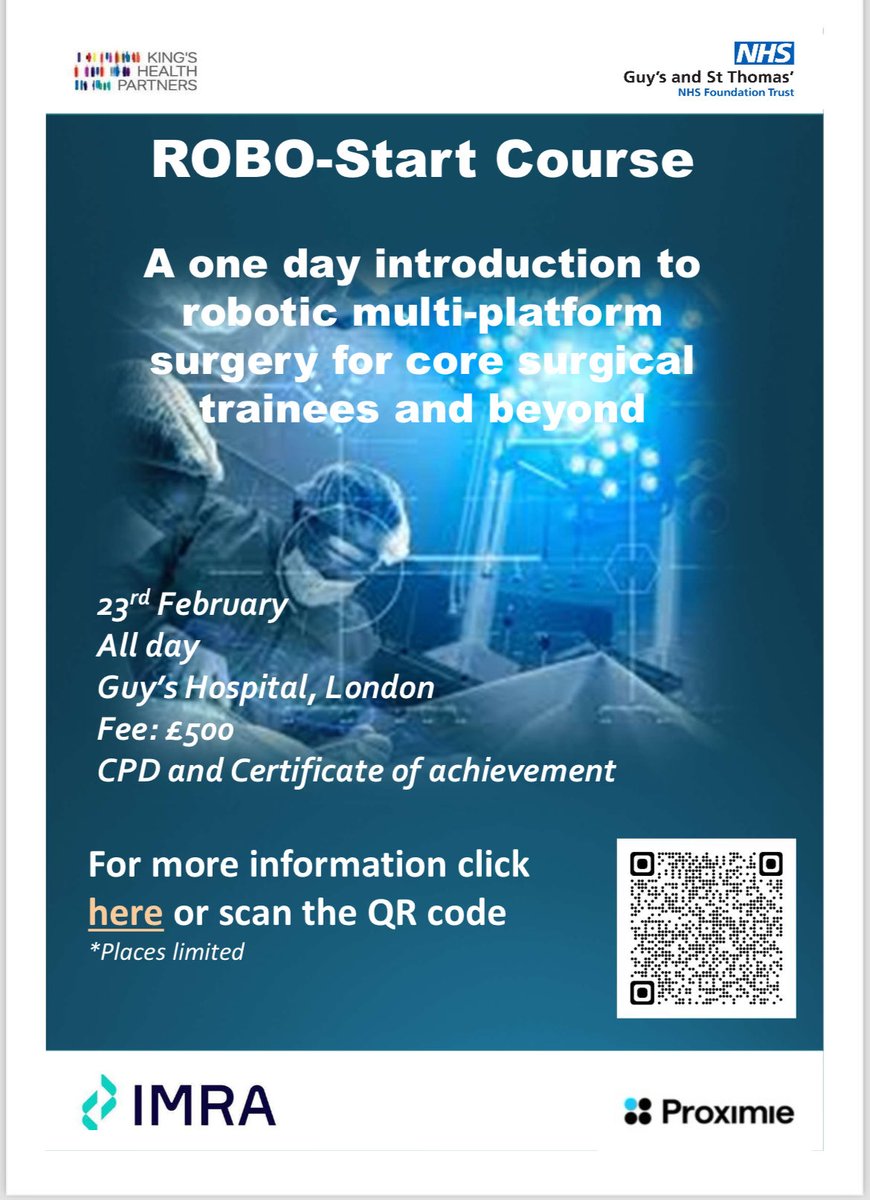 Announcing Robo-start. Our 1st UK robotic course for early year surgeons CT1-2, ST3. A 1 day device agnostic course covering principles, docking, set up, assisting and basic techniques using biodegradable models. @IMRASurgical @Proximie @IntuitiveSurg @TouchSurgery @CMRSurgical