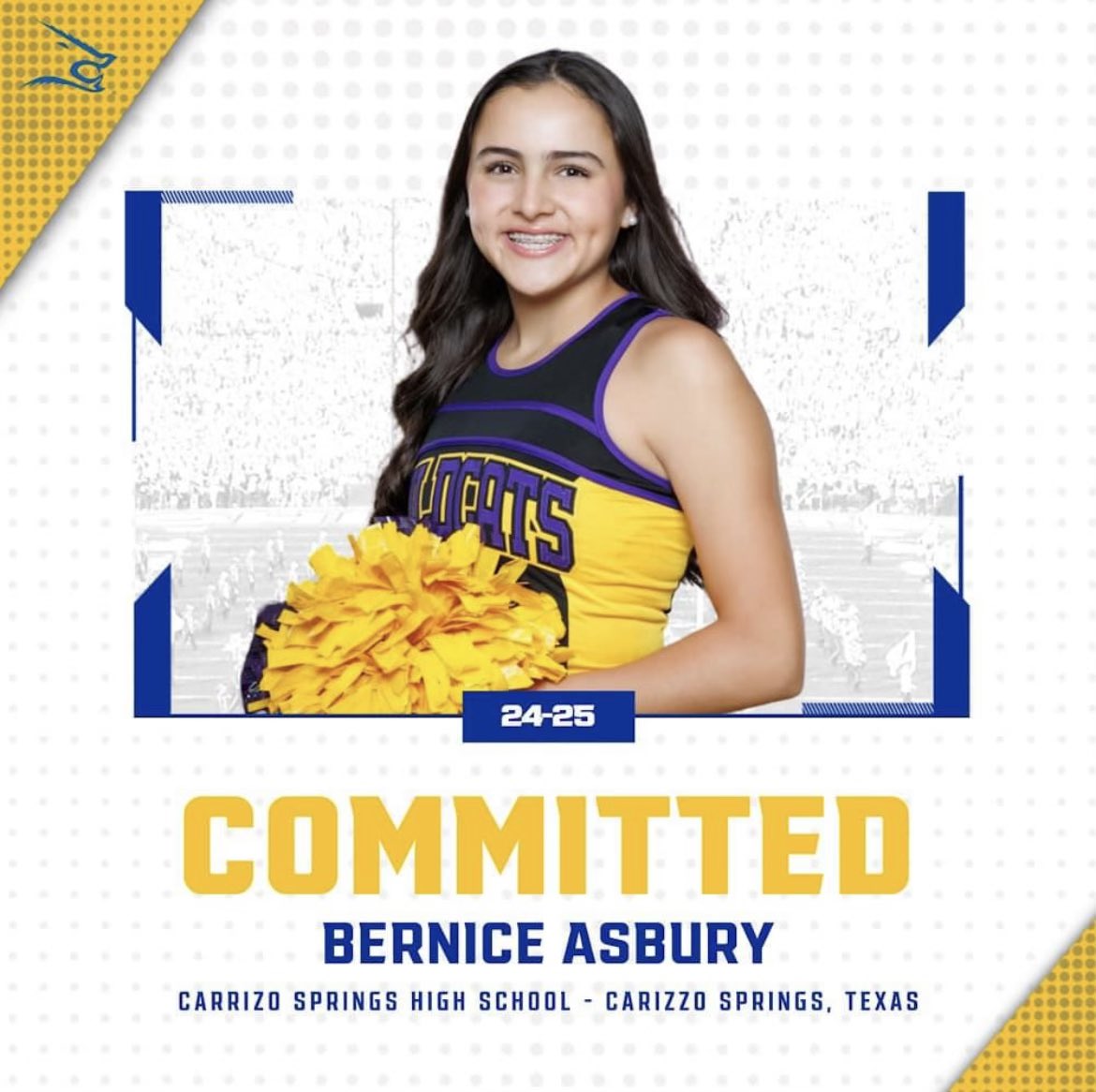 cshsvarsity's tweet photo. Sending a huge congratulations to 
Senior Co-Captain, Bernice Asbury! 

Next fall, she will further pursue her cheerleading career at 
Texas A&amp;M University - Kingsville 💙💛 https://t.co/QzL30ZbyTC