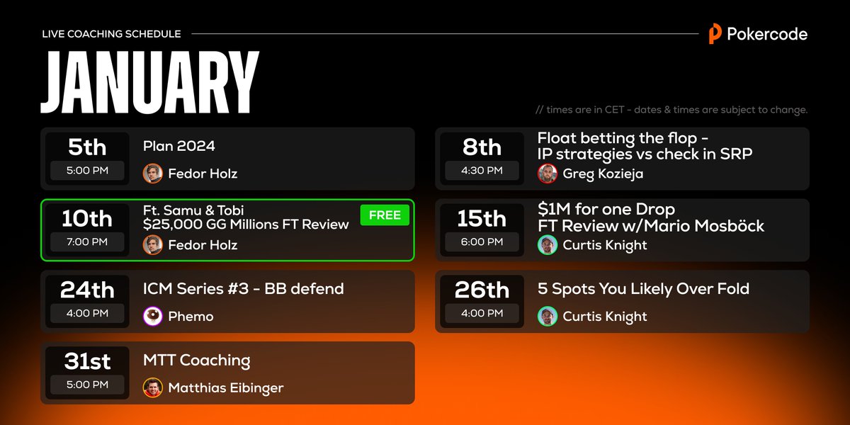 _pokercode's tweet photo. It’s your time to turn things around in 2024! 🚀
January’s coaching schedule is filled with setting the foundations for a successful year. 🏆
Head to our Discord for all the coaching details ⬇️
https://t.co/nekSARzbHY https://t.co/fLDbIKawWd