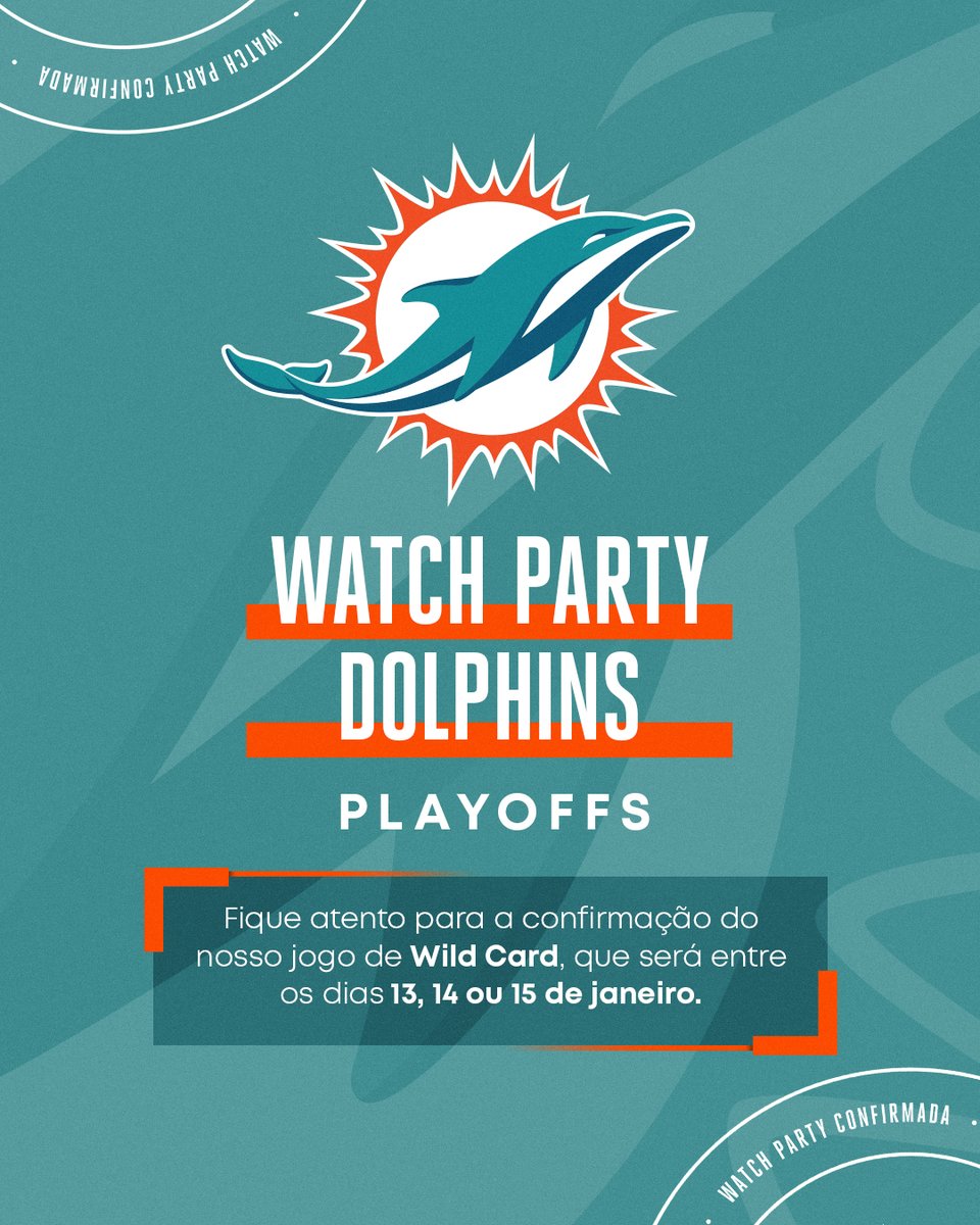 dolphins_br's tweet photo. É OFICIAL! Vamos ter OUTRA WATCH PARTY OFICIAL DO MIAMI DOLPHINS NO BRASIL - agora, para nosso primeiro jogo dos playoffs, na rodada de Wild Card! 🏈🇧🇷

Fique atento para a confirmação do nosso jogo de Wild Card, que será entre os dias 13, 14 ou 15 de janeiro! 🐬 #DolphinsBrasil https://t.co/pxmvFVojrJ
