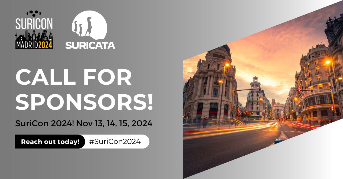 Interested in sponsoring SuriCon2024 or work for someone who could? ⭐ Next year SuriCon will be live from Madrid! Reach out to us today to learn more about sponsorship benefits! #SuriCon2024 #Sponsors #Suricata Information: bit.ly/2XwUkAk