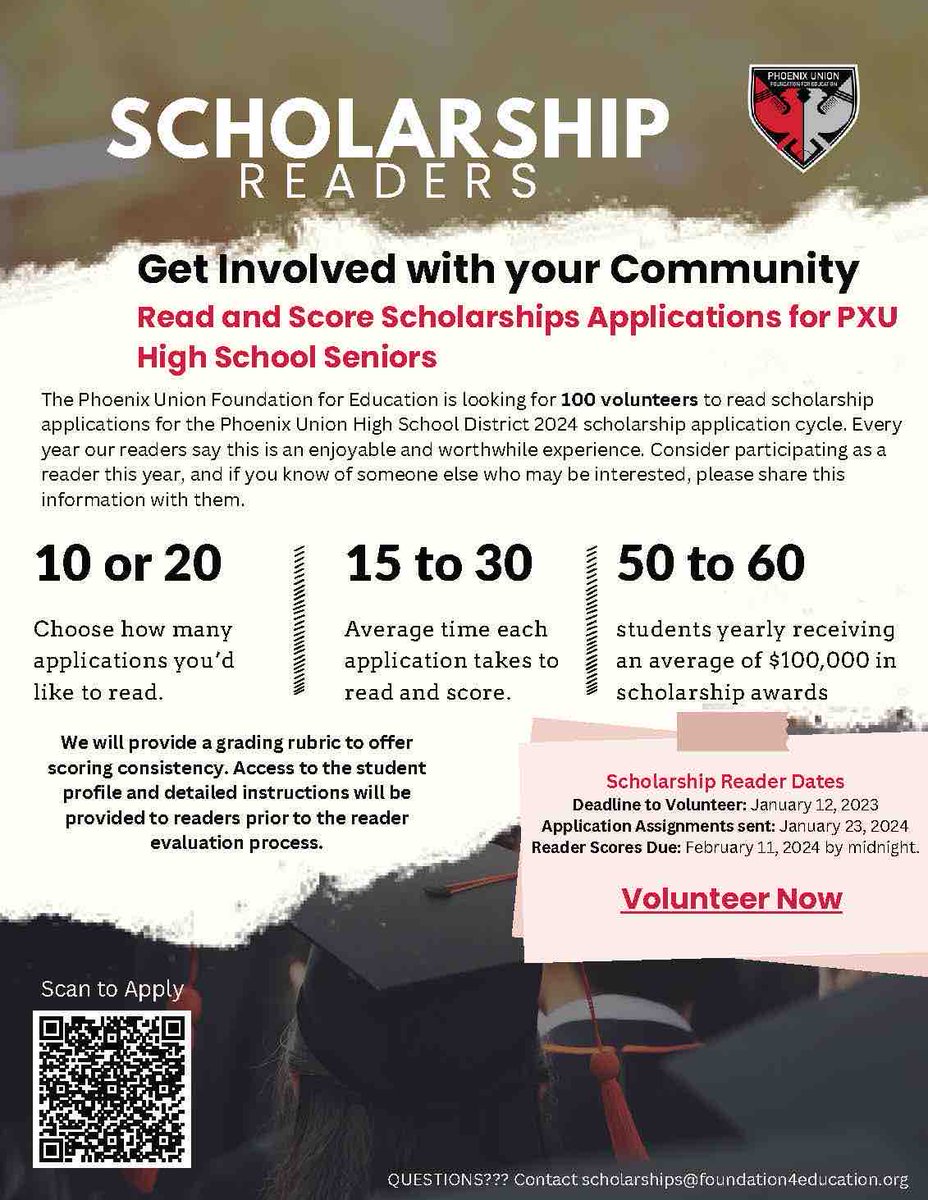 The Phoenix Union Foundation needs your assistance 🚨 Help read and score Scholarship Applications from PXU seniors and positively impact the future of students 🎉 Apply here: foundation4education.app.neoncrm.com/np/clients/fou…