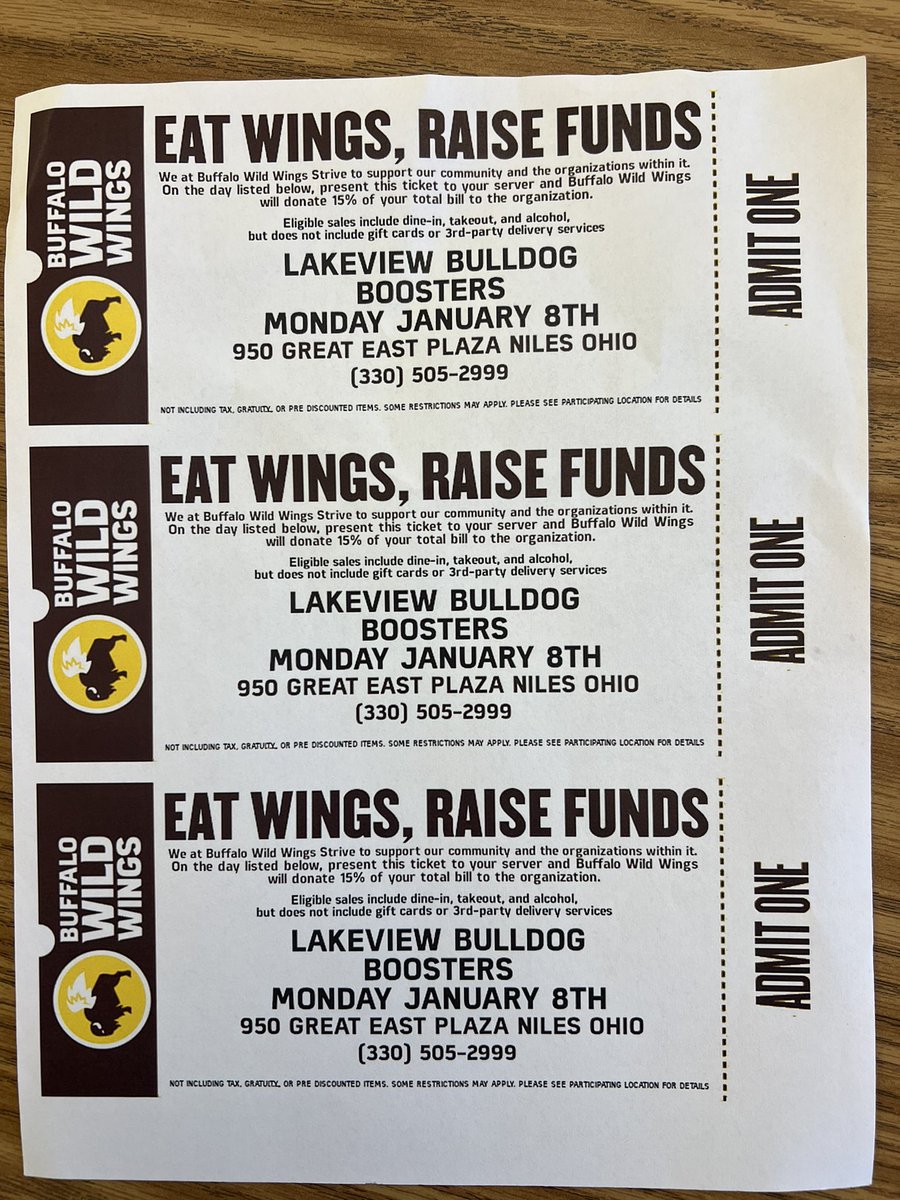 We are doing another dine to donate fundraiser this time with Buffalo Wild Wings! Stop out next Monday with this flyer to support our program!