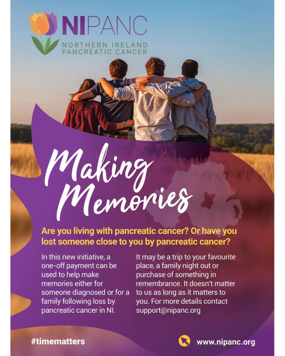 We recently launched our ‘Making Memories’ scheme, a new initiative in which a one-off payment can be used to help make memories either for someone diagnosed or for a family following loss to #PancreaticCancer in NI

For more details, contact <a href="/Susancooke17/">Susan cooke</a>  - support@nipanc.org
