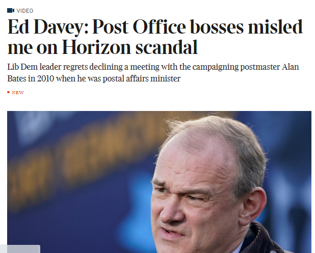 Adrian_Hilton's tweet photo. This demands an interviewer of the forensic calibre of @afneil. It isn't acceptable for @EdwardJDavey simply to say he was misled by PO execs. Didn't *hundreds* of victims cause him to reflect? Why didn't he insist on hearing their side?
#MrBatesvsthePostOffice #PostOfficeScandal https://t.co/xxfxjNRSCb