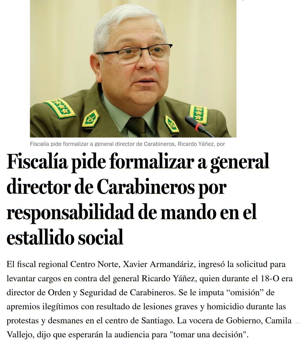 LaMarejada_Cl's tweet photo. La Fiscalía decidió pedir la formalización del General Ricardo Yáñez por el delito de apremios ilegítimos en la cruda represión durante el estallido y revuelta social 2019-2020.¿Gobierno de Boric seguirá dándole su respaldo al mando de Carabineros de Chile? #ChileViolaDDHH #DDHH https://t.co/Y4iyTb4E3j