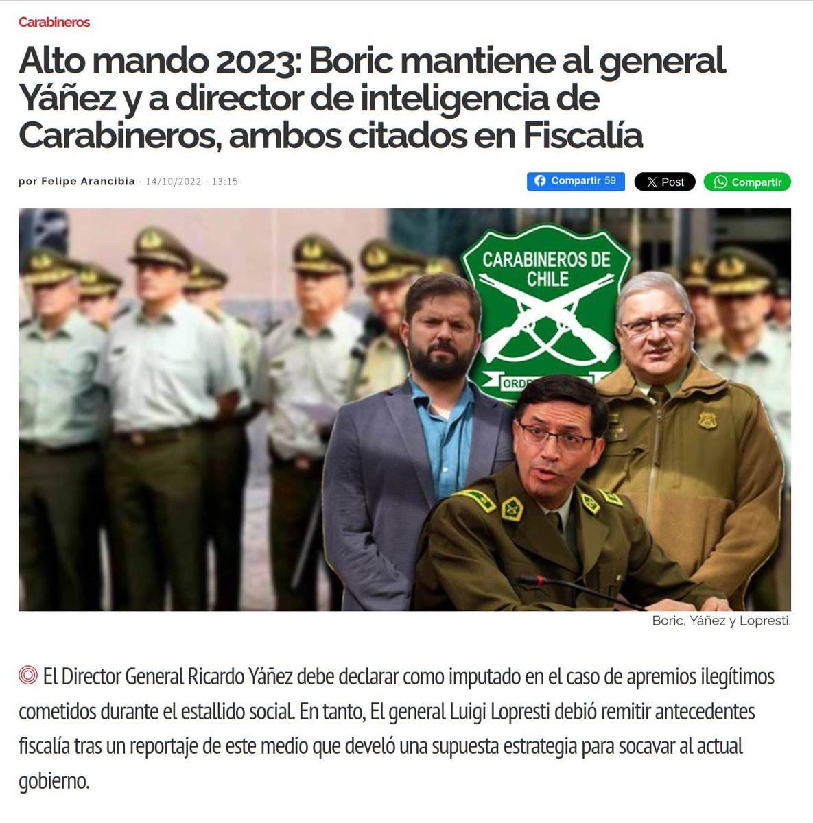 LaMarejada_Cl's tweet photo. La Fiscalía decidió pedir la formalización del General Ricardo Yáñez por el delito de apremios ilegítimos en la cruda represión durante el estallido y revuelta social 2019-2020.¿Gobierno de Boric seguirá dándole su respaldo al mando de Carabineros de Chile? #ChileViolaDDHH #DDHH https://t.co/Y4iyTb4E3j