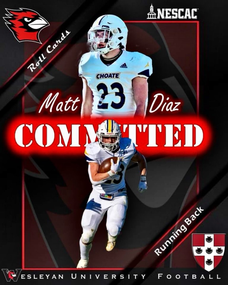 Matt Diaz (@matt_diaz23) on Twitter photo I am very excited to announce my commitment to the admissions process at Wesleyan University ! I’d like to thank my family, friends, and coaches. Roll Cards! 🔴⚫️
<a href="/Wes_Football/">Wesleyan University Football</a> <a href="/CoachDiCenzo/">Dan DiCenzo</a> <a href="/CRHFootball/">Choate Rosemary Hall Football 🐗</a> <a href="/coach_spinnato/">Coach Spinnato</a> I am very excited to announce my commitment to the admissions process at Wesleyan University ! I’d like to thank my family, friends, and coaches. Roll Cards! 🔴⚫️
<a href="/Wes_Football/">Wesleyan University Football</a> <a href="/CoachDiCenzo/">Dan DiCenzo</a> <a href="/CRHFootball/">Choate Rosemary Hall Football 🐗</a> <a href="/coach_spinnato/">Coach Spinnato</a>