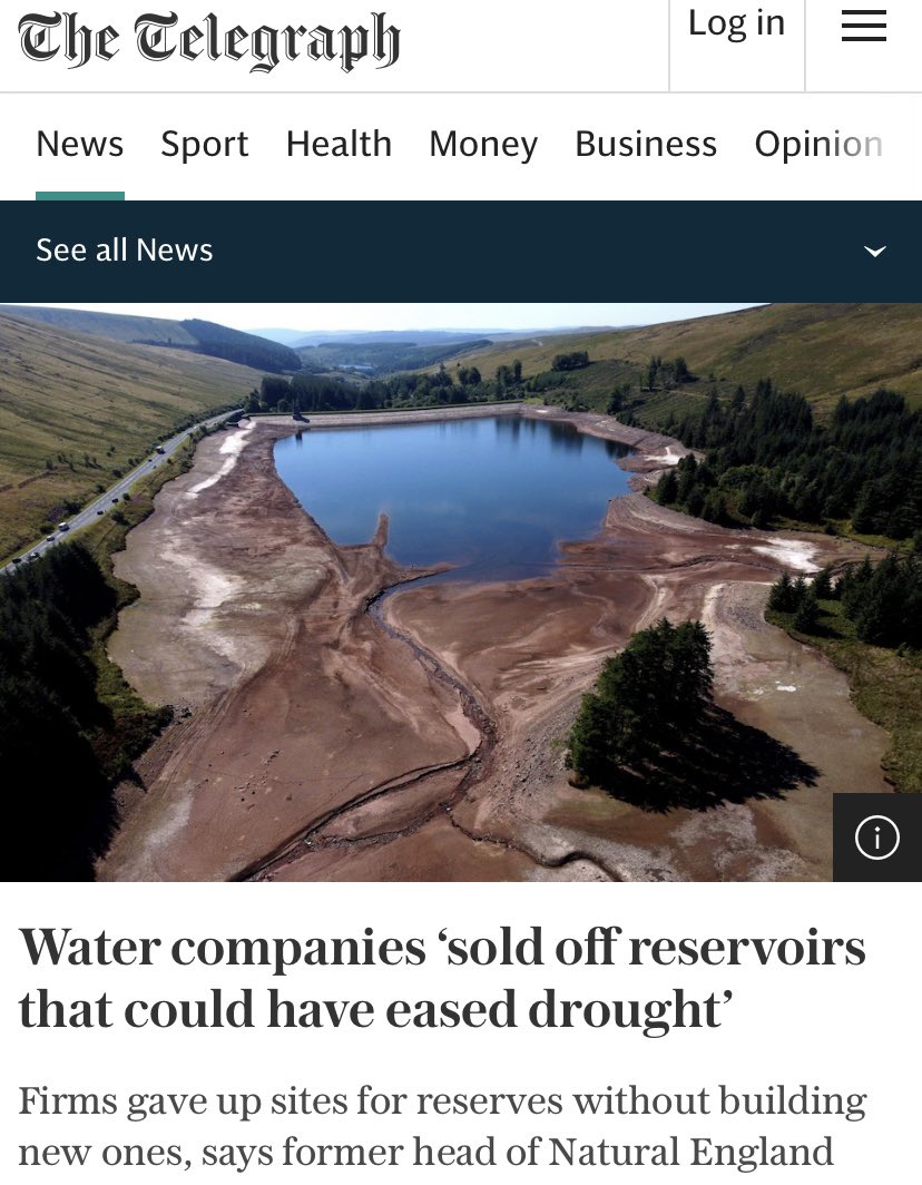 JamesMelville's tweet photo. Water companies have sold off dozens of reservoirs to housing developers, while no new ones have been built in the last 30 years. https://t.co/X1Kpk1vUaW