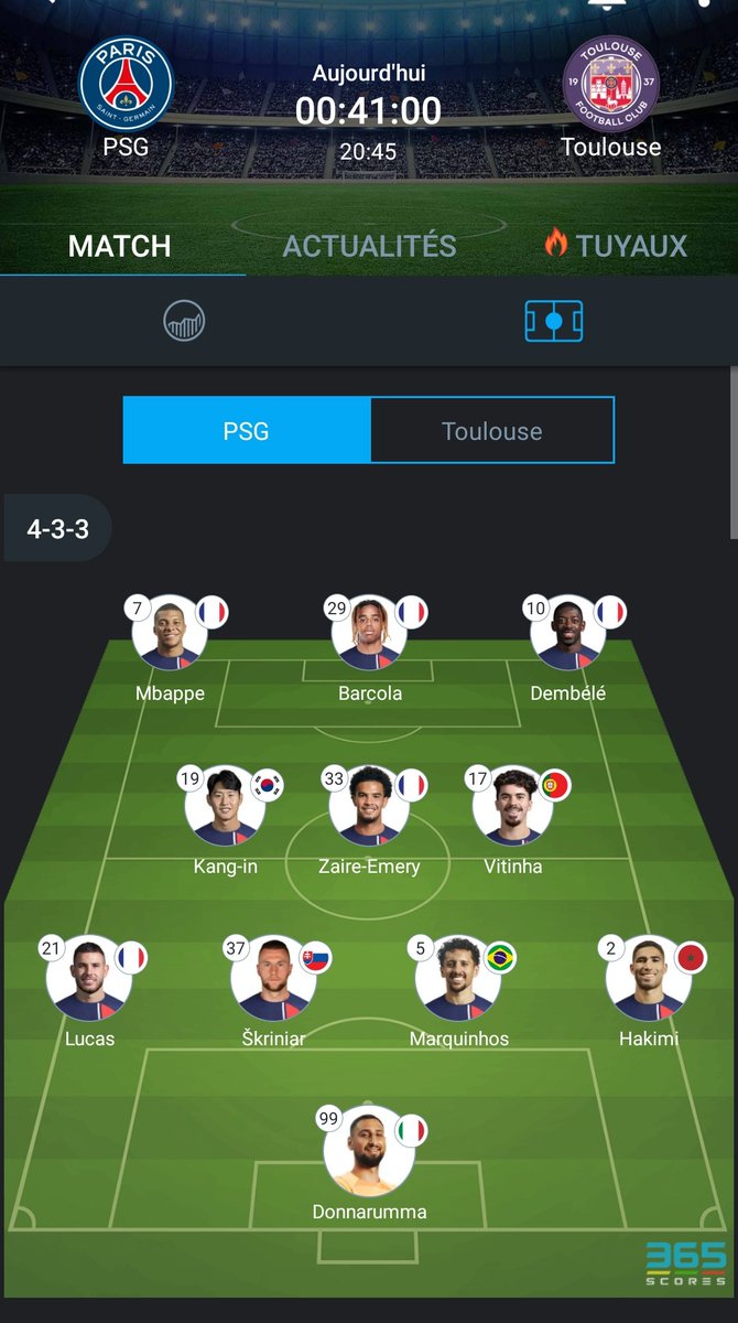 Le 11 de départ pour le match #PSGTFC.

#Donnarumma #Hakimi #Marquinhos #Skriniar #Hernandez #Vitinha #ZaireEmery #KangInLee #Dembele #Barcola #Mbappe 

#TrophéedesChampions #Ligue1 #Mercato