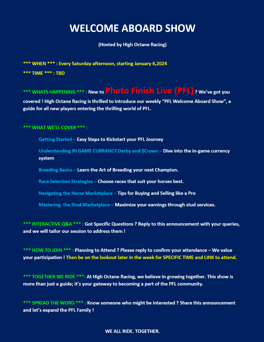 HighOctaneRace's tweet photo. As previously mentioned, we will be starting a Weekly "Welcome Aboard Show" for new PFL Players ! 🔥

Details below 👇. Please read carefully 👀and we will see you there ! 

We all ride. Together. 🏇

@photofinishgame @iancummingsnft 
#NFT #horseracing #gaming https://t.co/YVLsZIqBrO
