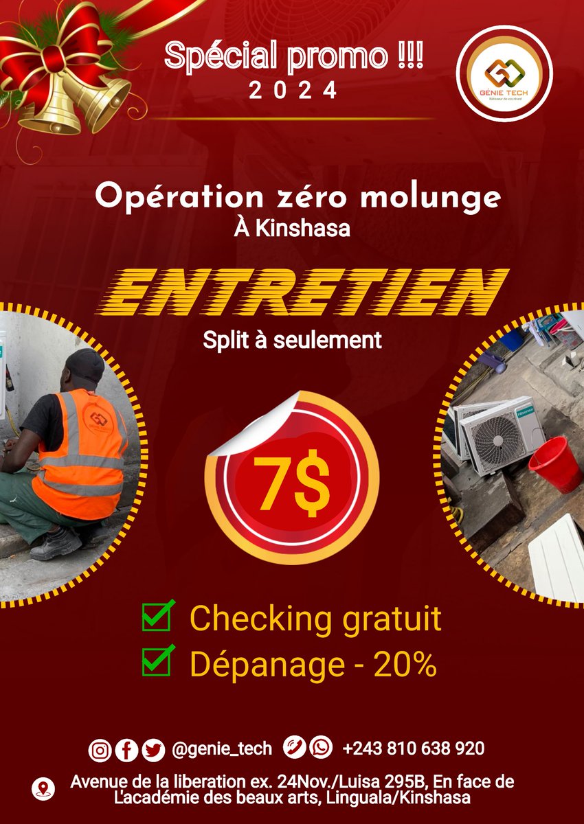 Genietech34's tweet photo. 🥳Spécial promo 2024
Opération #zeromulunge à Kin
@Genietech34 vous dispose un pack de nouvel an à ne pas raté !
• Entretien split à 7$
> checking gratuit
> dépannage -20%
Dépêchez vous pour ce #SpecialPromo route 24 nov/Av. Luisa 295B,en face de l’Aba C/Linguala. Tél 0810638920 https://t.co/Y44gsg3JvB