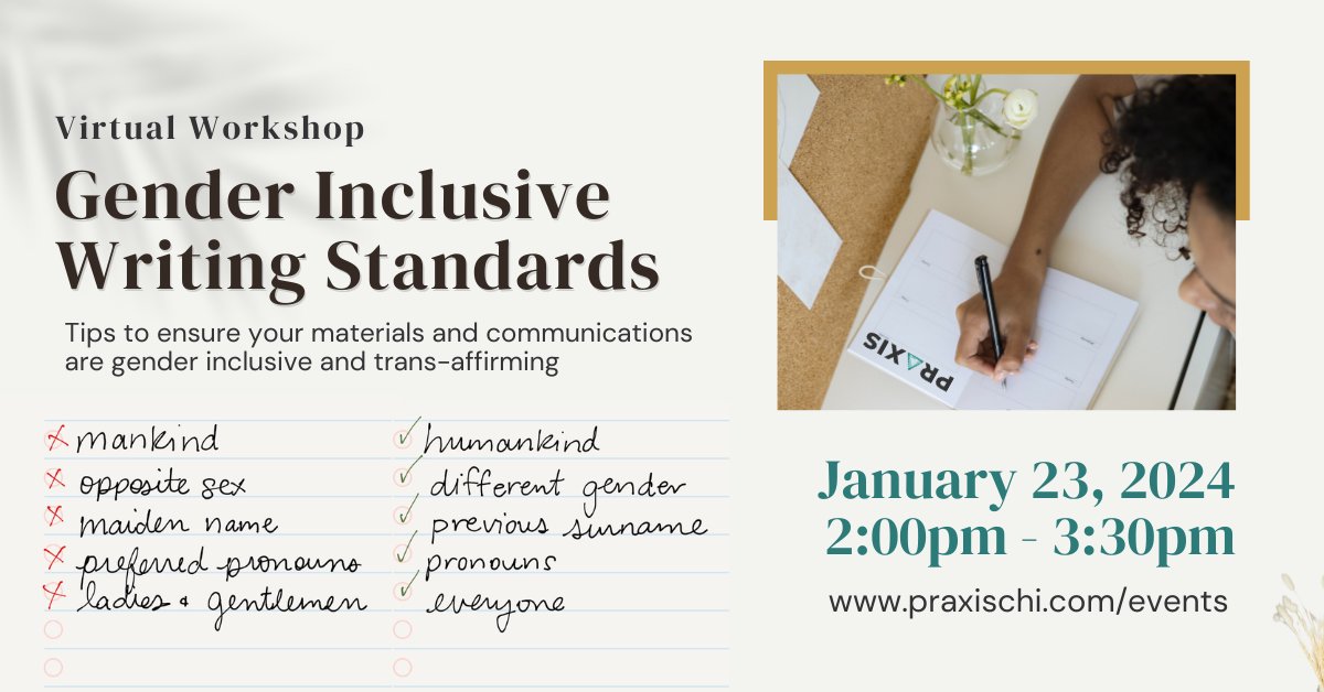 praxischi's tweet photo. Sometimes our language accidentally excludes people, creates a false binary or is straight up transphobic. 

Our virtual workshop on January 23 will illuminate common mistakes that well-intentioned people make and provide alternative options.

Register: https://t.co/QLNEL2ssoD https://t.co/6Bc6BeK8A9