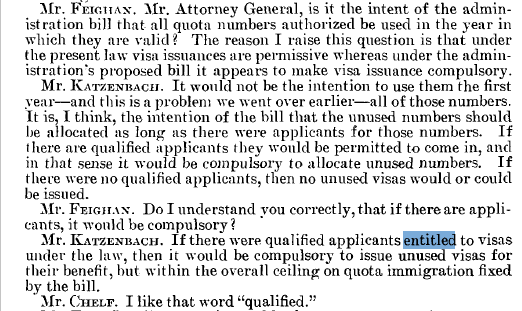 BaniasLaw's tweet photo. A snippet from a 1965 congressional hearing where the drafter of the 1965 law that created country caps states that all immigrant visas in demand should be issued up to the cap each year. #theBacklog #AOSdelay https://t.co/o5brUIQHSr
