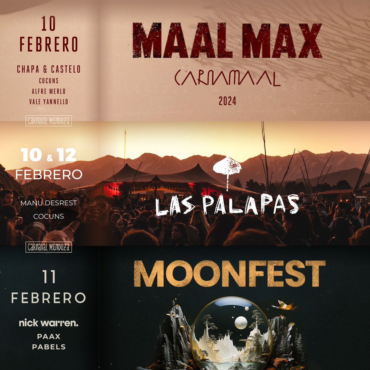 Llega una nueva edición de Carnaval en Mendoza para disfrutar de los mejores atardeceres.

• 10 FEB ~ MAAL MAX - CARNAMAAL

• 10 FEB &amp; 12 FEB ~ LAS PALAPAS 

• 11 FEB ~ MOONFEST 

Descubrí cada show y sus artistas. 
 Reservas habilitadas. Capacidad Limitada