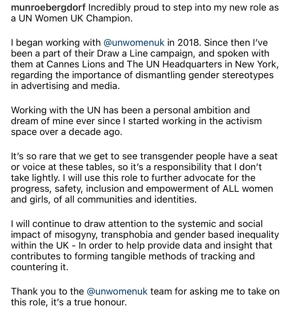 You can’t make this up. @UNWomenUK named Munroe Bergdorf as a UN Women Champion. Munroe is a male.

In his new role, he will fight against misogyny, gender based inequality, and for the empowerment & inclusion of women. He says this as a man pretending to be a woman, taking a