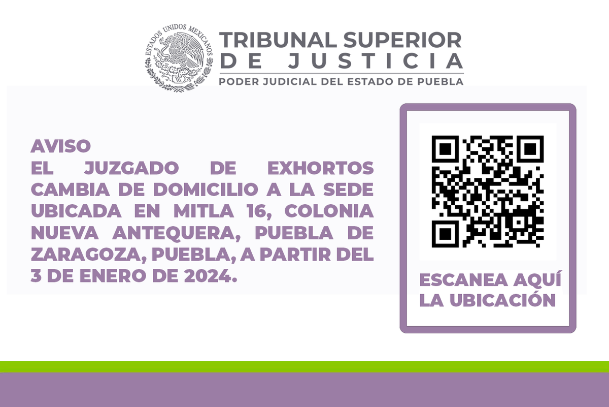 PodJudPue's tweet photo. #Entérate 👉 A partir de este 3 de enero, el Juzgado de Exhortos tiene su sede en Calle Mitla 16, colonia Nueva Antequera de la ciudad de Puebla. https://t.co/S4PU252lX4