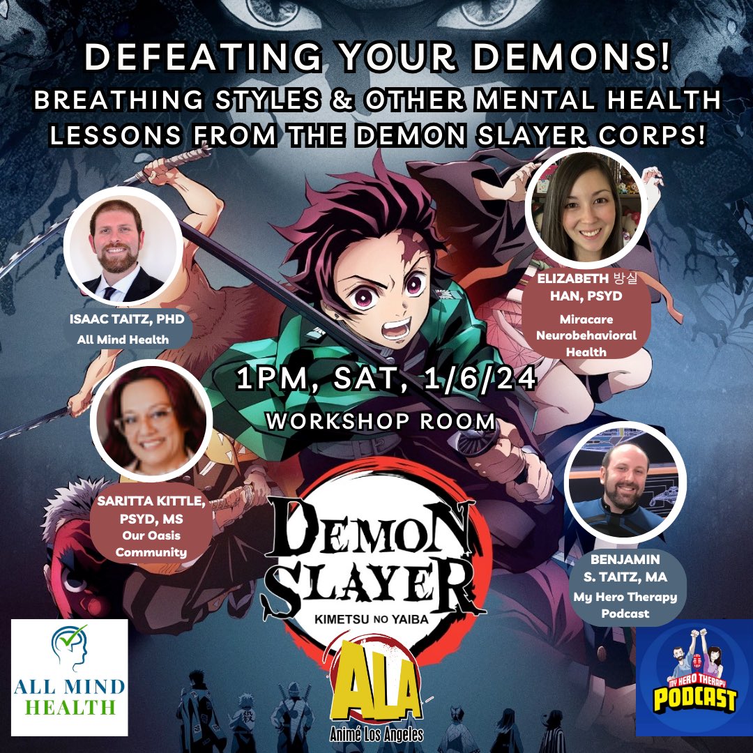 I’m so excited to be presenting at @AnimeLosAngeles along with the amazing @lizzyns @AllMindHealth1 and the @ our oasis podcast. I’ll be repping @MHQPodcast and @MyHeroTherapy in the awesome discussion of mental health in #DemonSlayer