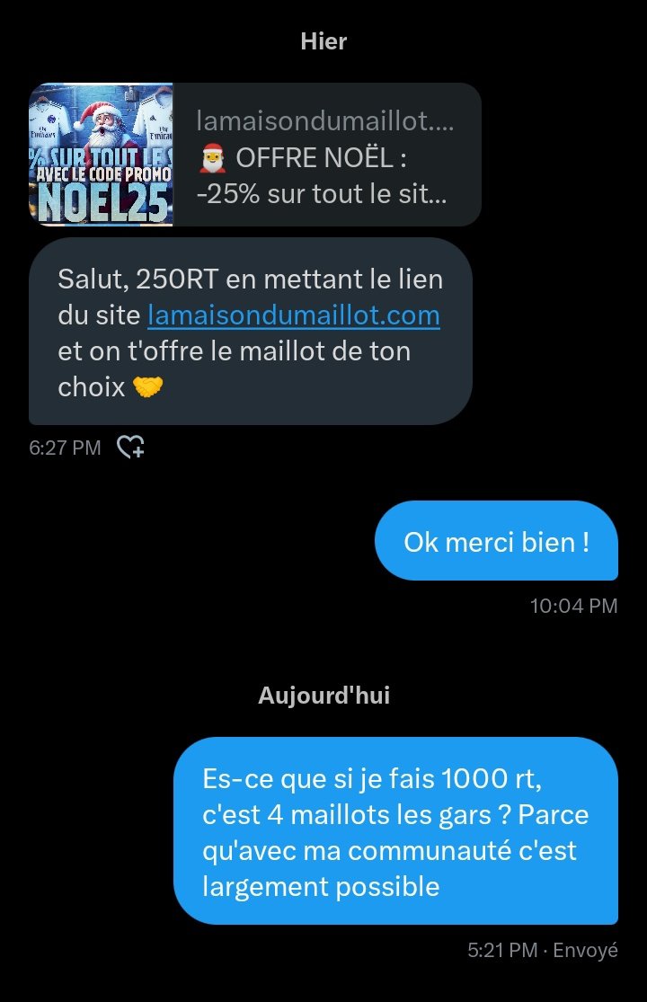 🔥🔥 Les gars on tente l'impossible ? 

Ils ne m'ont pas encore répondu mais ON TENTE les 1000 RT au moins !

⚡TOUS LES MAILLOTS sont pour vous bien évidemment, quelque soit le nombre.

➡️ Les GAGNANTS SERONT TIRÉS PARMI LES RT de ce post !

lamaisondumaillot.com