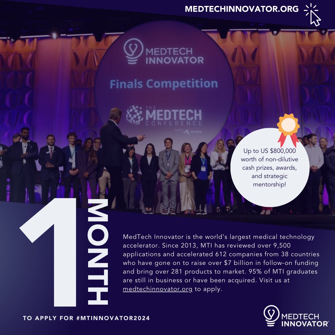 ⚡We are officially one month away from the MedTech Innovator application deadline. Have any last minute questions? Feel free to join our info session tomorrow, January 4th at 9:30am PT. Register for the info session here: us06web.zoom.us/webinar/regist… #mti #medtech #device #medical