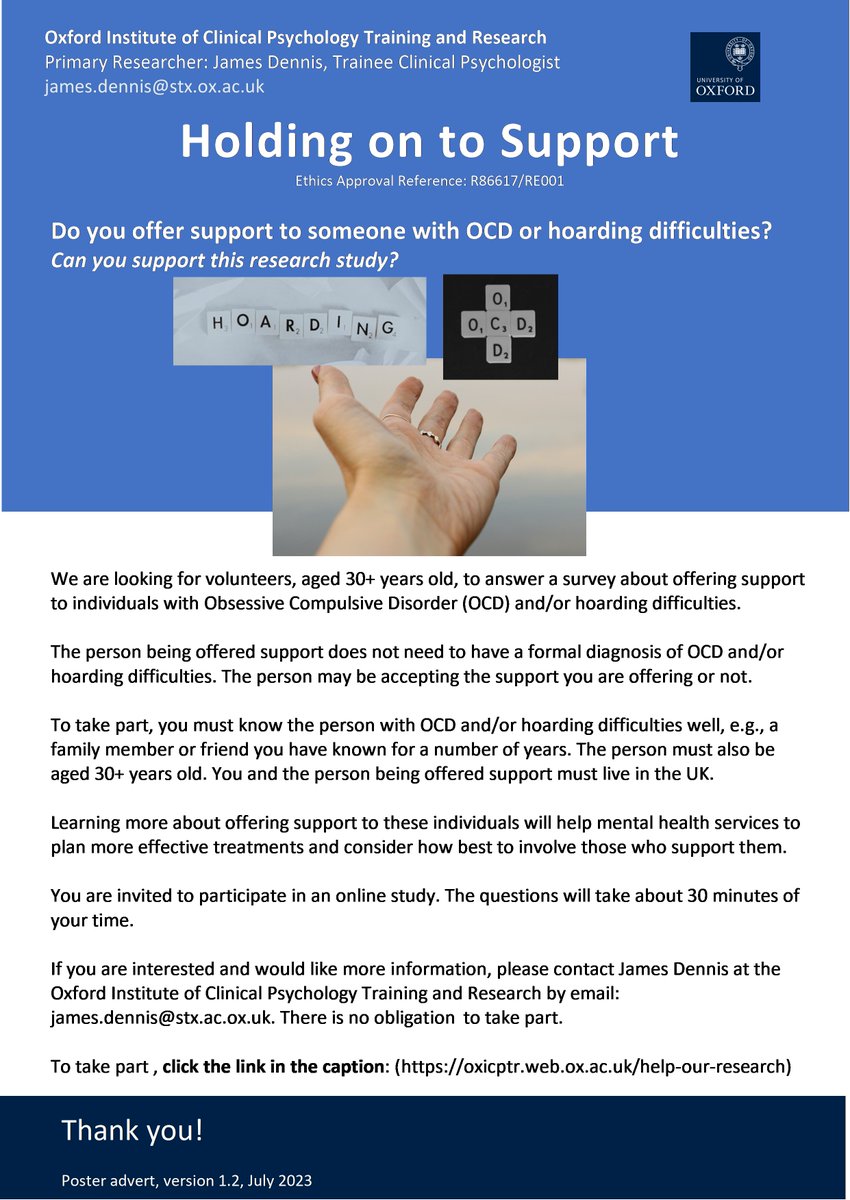 JamesDennisPsy's tweet photo. 🙌Get involved in hoarding and OCD social support research!

Do you offer support to somebody with one or both of these conditions?

Please complete or share the study today: https://t.co/6M3JU5VxXD https://t.co/05ivPINGH3