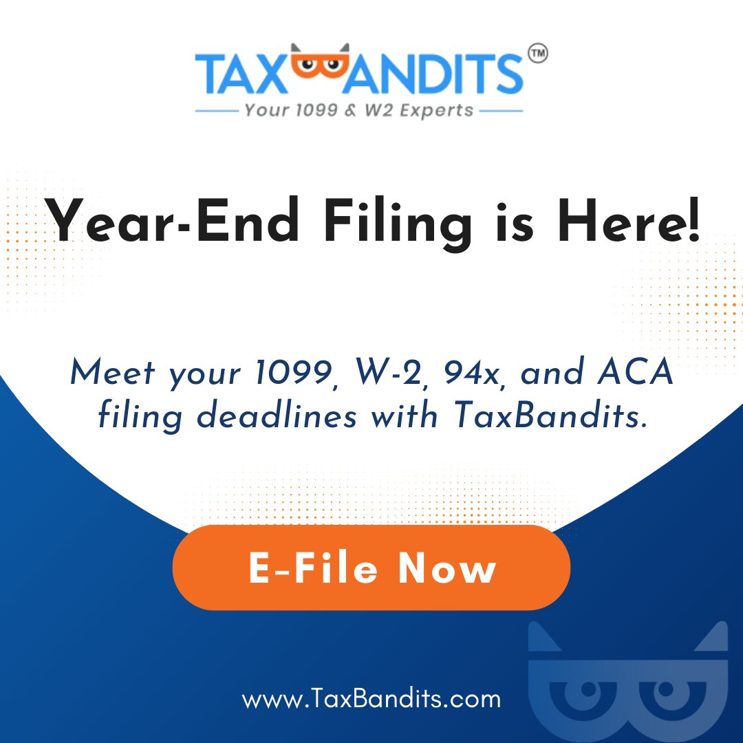 taxbandits's tweet image. Gear up for a seamless tax season! 📝

January is here, and TaxBandits has your solutions for 1099, W-2, 94x, and ACA filing.

Create your free account today ➡️ bit.ly/3oOvM6n 

 #TaxBandits #1099filing #ACAforms #W2