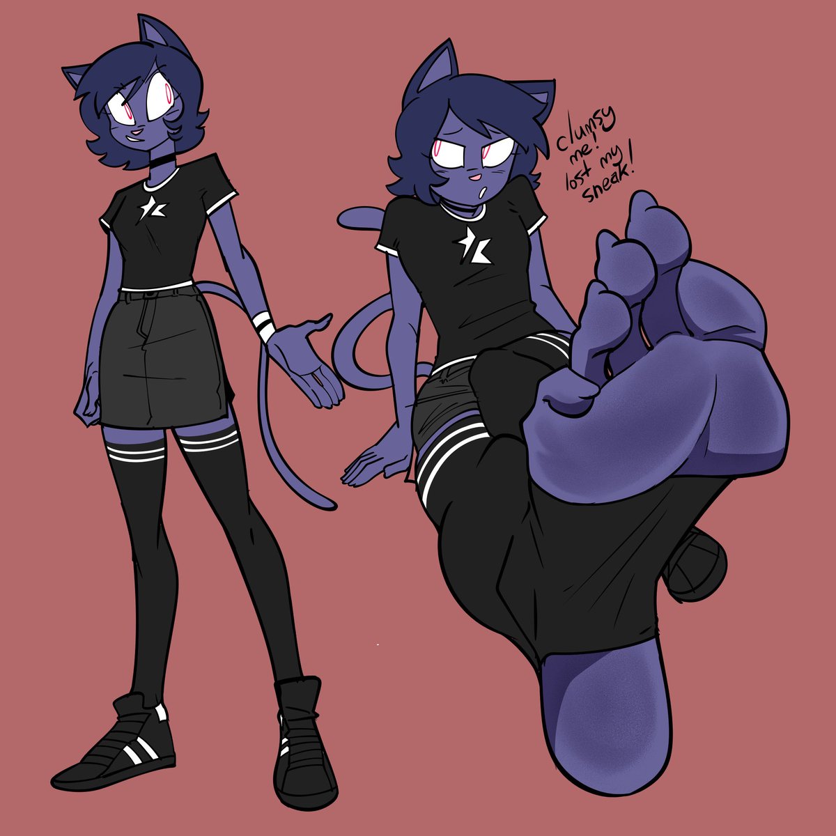 Playing around with a potential Sera redesign. The first outfit was a little too complex for repeat drawing so I simplified it. Fishnets seemed a little too risqué so I opted for stirrup thigh highs- keep her legs covered while letting her toes get baked in the sneakers :3