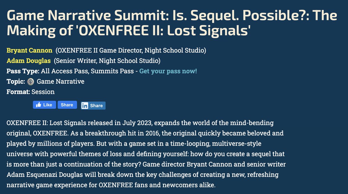 With a game like OXENFREE, set in a time-looping, multiverse-style universe with themes of loss and defining yourself: How do you create a sequel that is more than just more of the same story? Find out more in this <a href="/nightschoolers/">Night School Studio</a> talk. Only at #GDC2024 bit.ly/3RPwmPc