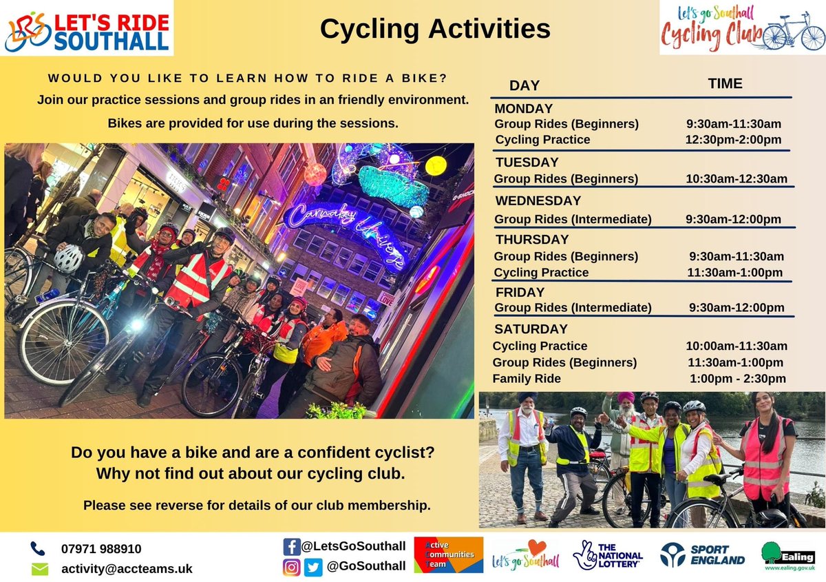 Let's Go Southall (@gosouthall) on Twitter photo 📣 Our January 2024 Cycling timetable is here!
If you live in Southall join our fun-filled, free activities all year round!
🎨🧘🗣🤸
📧 activity@accteams.uk
#letsgosouthall #activecommunitiesteam #exercise #ealingcouncil #BeTheMovement #connectwithfood #thegreatoutdoorgym 📣 Our January 2024 Cycling timetable is here!
If you live in Southall join our fun-filled, free activities all year round!
🎨🧘🗣🤸
📧 activity@accteams.uk
#letsgosouthall #activecommunitiesteam #exercise #ealingcouncil #BeTheMovement #connectwithfood #thegreatoutdoorgym