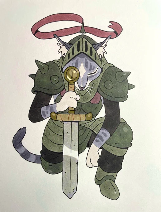 Drew my roommate's cat as a knight for her for christmas, his name is Ghost Pepper