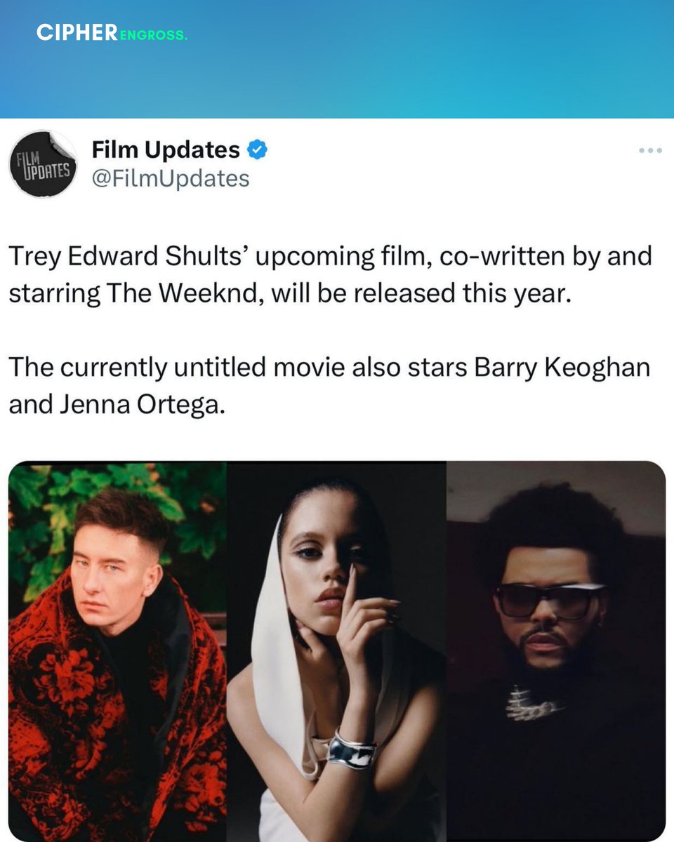 Okay Now! #TheWeeknd is making more moves in cinema with his role in this new movie he co-wrote. The currently-untitled movie also stars #JennaOrtega and #BarryKeoghan 👀 #Socialties, thoughts?