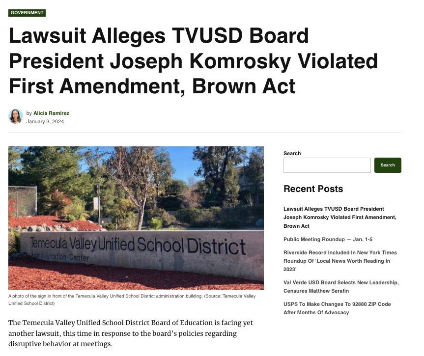 onetvpac's tweet photo. Lawsuit Alleges TVUSD Board President Joseph Komrosky Violated First Amendment, Brown Act

Read: https://t.co/weHYtqNtQ6

Donate. Organize. Engage.: https://t.co/6eyW9srqBO

#1tvpac #OneTemeculaValleyPAC #Temecula #TemeculaValley #Temeculacitycouncil #murrieta #menifee https://t.co/9CO0Gy8HWw