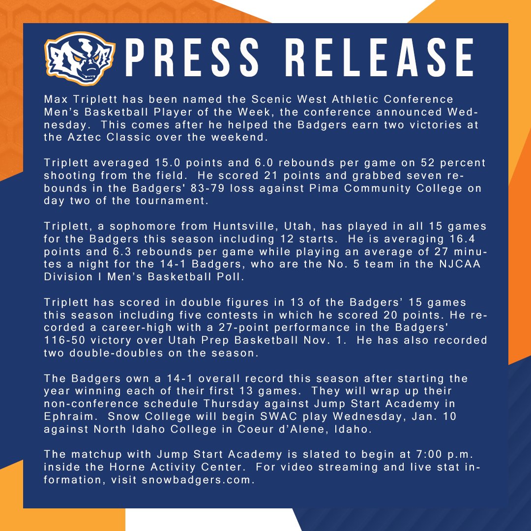 Congratulations to <a href="/max_triplett/">Max Triplett</a> for being named the <a href="/ScenicWestConf/">scenicwestsports</a> Player of the Week.

#SnowCollegeBadgers #SWAChoops #SWACmbb #POTW
