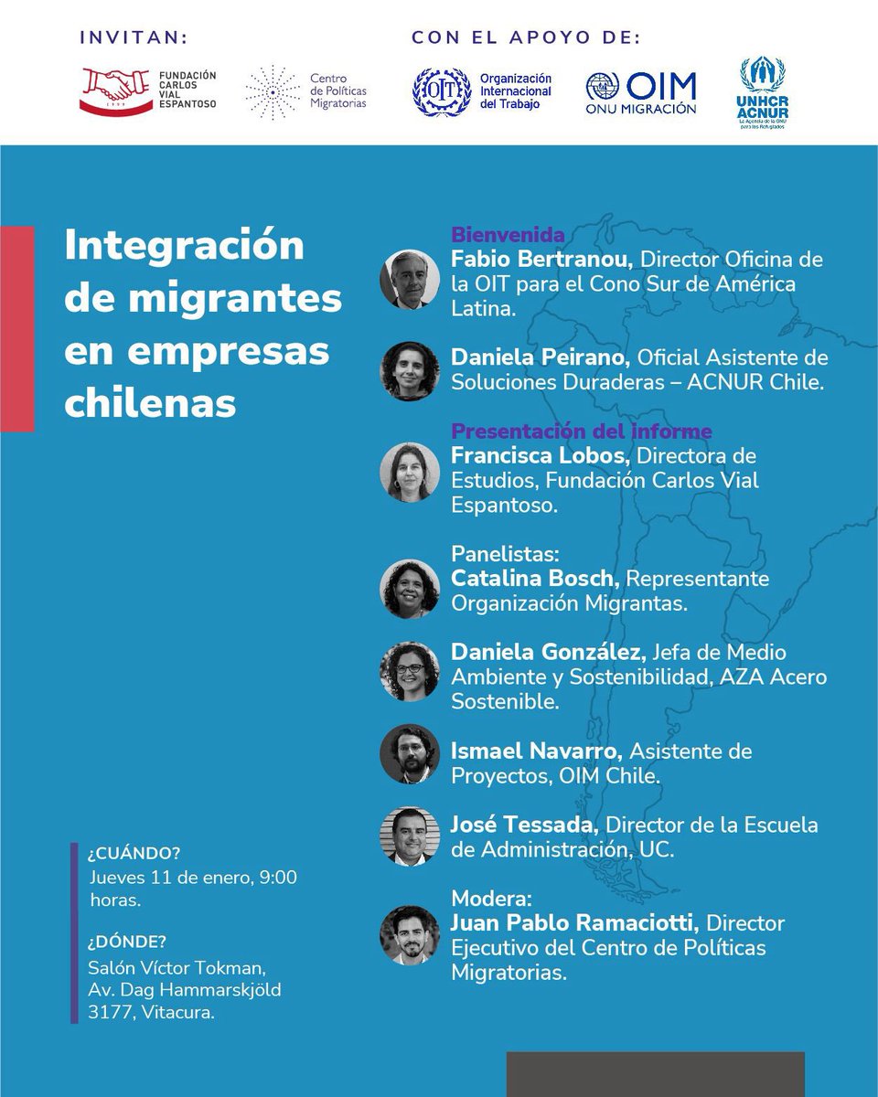 L@s invitamos al seminario: integración de migrantes en empresas chilenas, organizado junto a @Fundacion_CVE, con el apoyo de @OIMChile, @ACNURamericas, @OITconosur ✍️ Inscríbete aquí: form.jotform.com/240013041034029