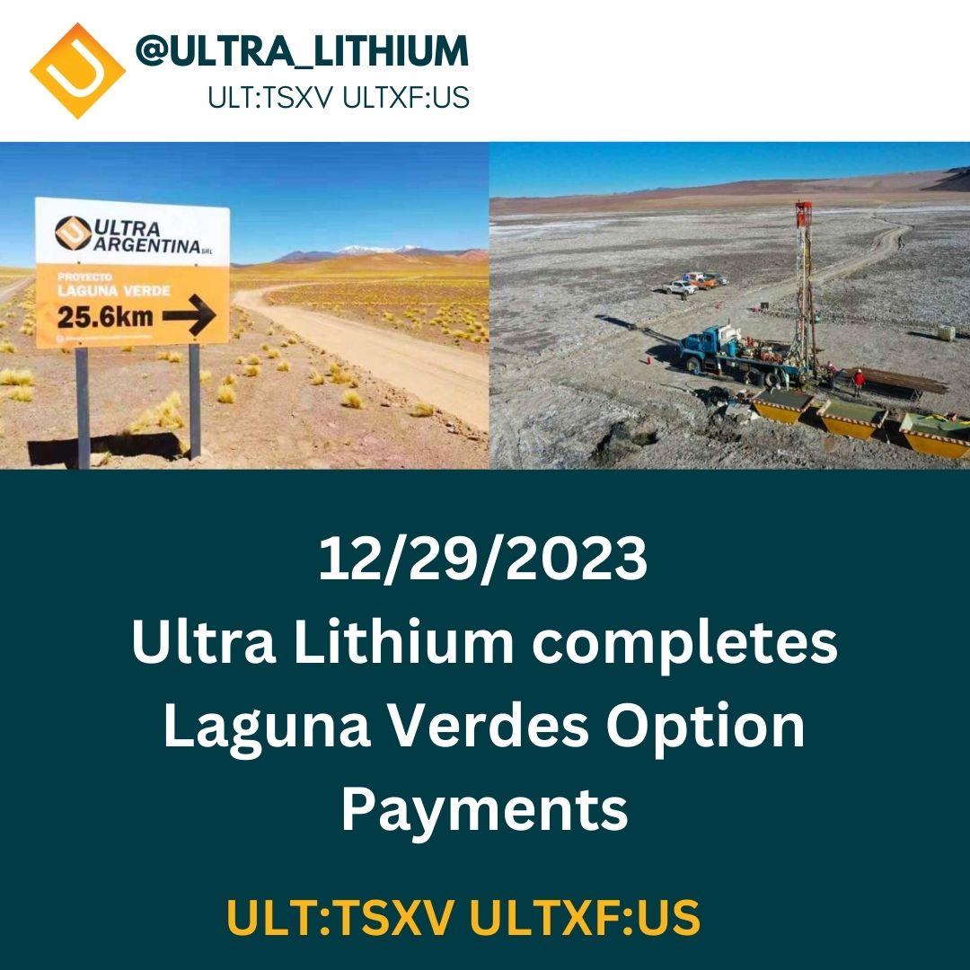 Ultra_Lithium's tweet photo. Ultra Lithium Completes Laguna Verde Option Payments #argentina #lithium #mining #lithiumcarbonate #electricvehicles #ev #tesla https://t.co/zjx31cOVR6 @CapitalJemini @jeminicapital @mining @Kitco_Metals $ULT.V $ULTXD https://t.co/KaEzAN1PAv