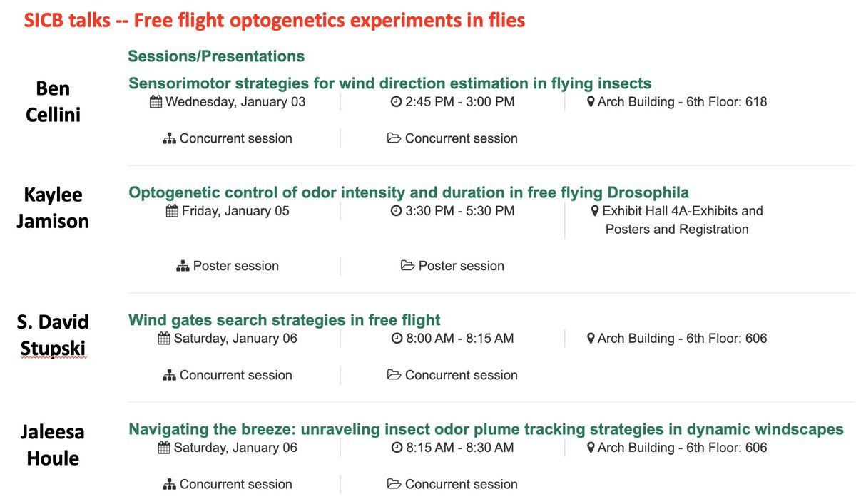 I have four great trainees presenting at SICB this year -- free flight behavior using optogenetics in flies to dissect plume tracking. Check out their talks/poster! #SICB2024 (unfortunately I can't make it myself this year..)